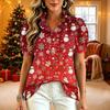 Women's Casual Ruffle V-Neck Short-Sleeve Button-Up Blouse with Christmas Print