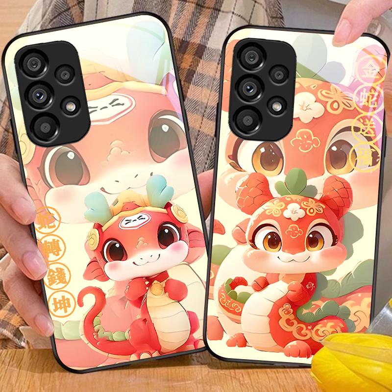 New Cartoon Snake For Samsung Galaxy S10 20 Plus 21 FE 22 23 24 FE 25 Ultra Black Tempered Glass Phone Case Hard Shell