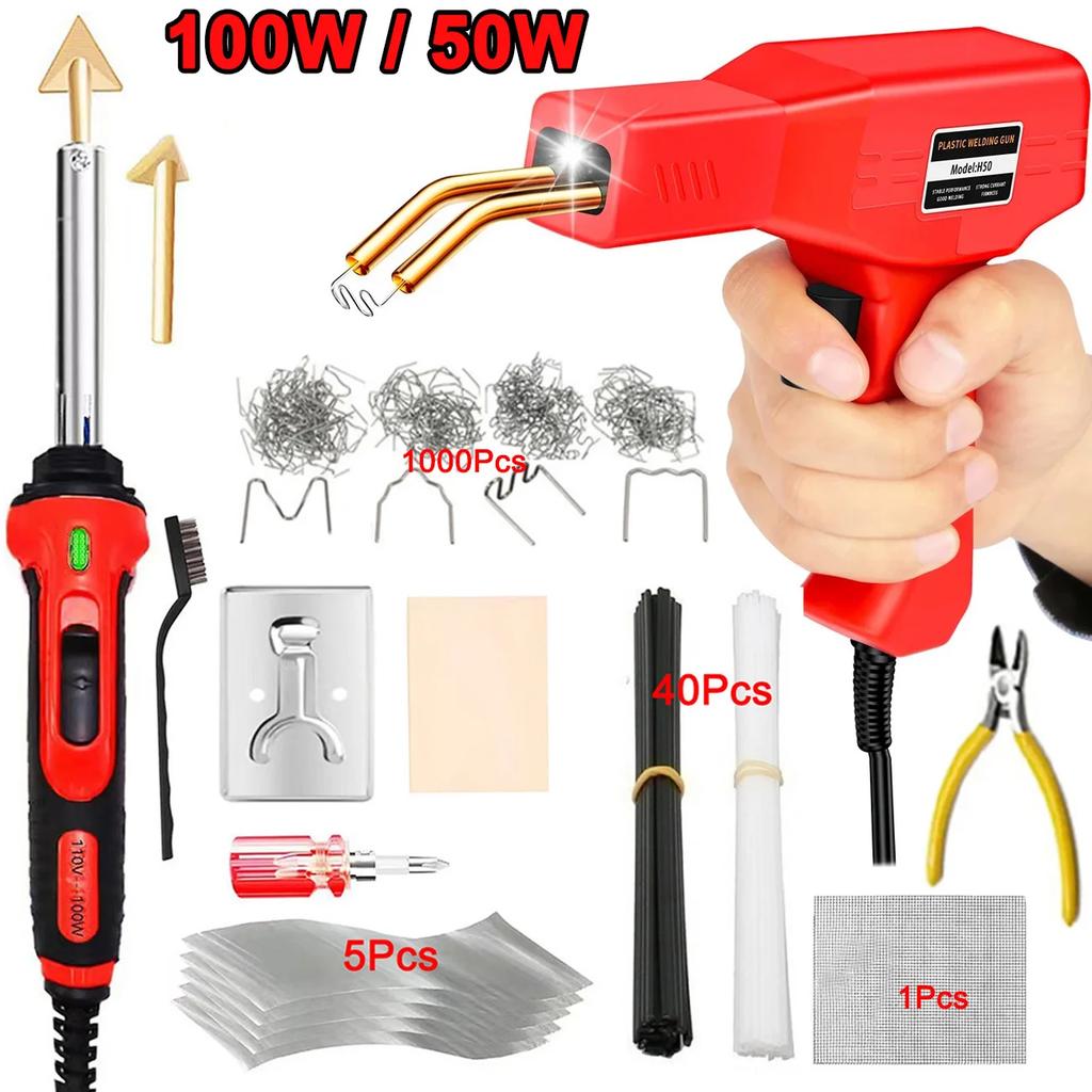 50W Plastic Welding Machine Kit 100W Soldering Iron Plastic Repair Tools 2 in 1 Hot Stapler Repair For Car Bumper Cracks Kayaks