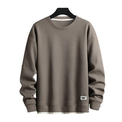 Men Fall Winter Sweatshirt Round Neck Long Sleeve Loose Waffle Texture Solid Color Soft Warm Pullover Streetwear Mid Length T-shirt Top