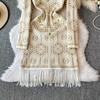 Autumn Winter Women Vintage Print Full Sleeve Knitted Sweater Pullover Dresses With Tassel