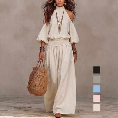 Women Off Shoulder Top and Pants Set Casual Elastic Waist Wide Leg Pants Boho Resort Wear Two Piece Outfit