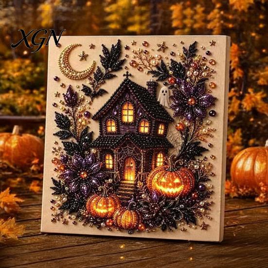 Interactive Parent Child Crafts Halloween Faux Pearl Art Kit, Pumpkin Ghost DIY Painting Theme Bead 3D Craft Set for Adults, Handmade Wall Stress