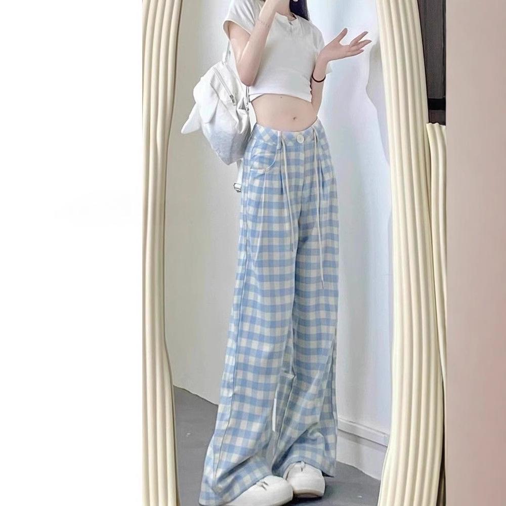 Inward Hem Blue Plaid Women's Wide-Leg Pants - Plus Size Loose Fit for Spring/Summer