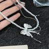 Adjustable Length Bowknot and Pearls Necklace Glass Beads Double Layer Choker Handmade Business Meeting Jewelry