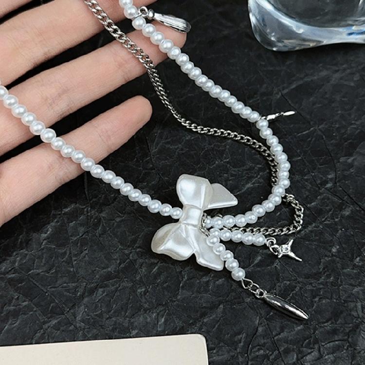 Adjustable Length Bowknot and Pearls Necklace Glass Beads Double Layer Choker Handmade Business Meeting Jewelry