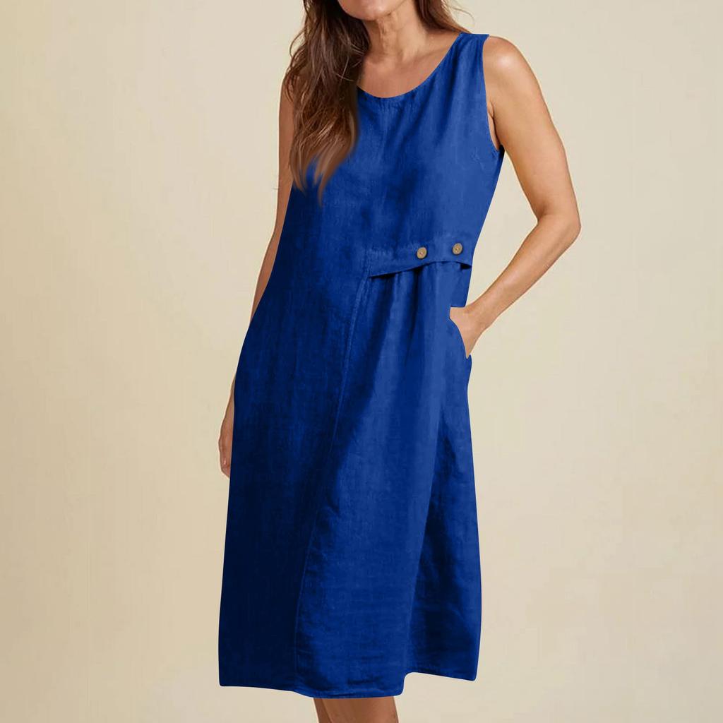 Women's Fashionable Solid Color Round Neck Button Pocket Loose Sleeveless Vest Dress