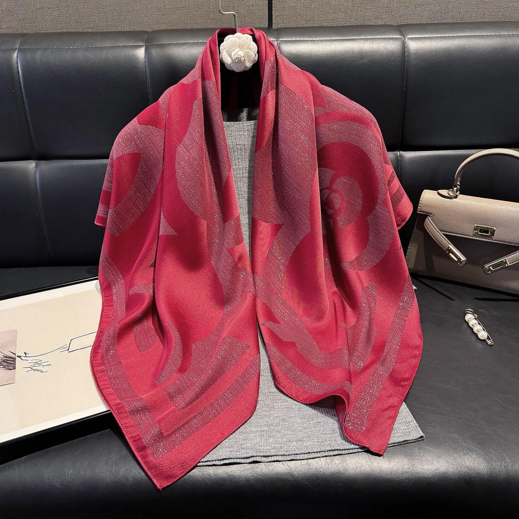 Spring 90Cm Classic Fashion Versatile Shawl Women'S Shade Dust-Proof Camellia Tencel Cotton Silk Scarf