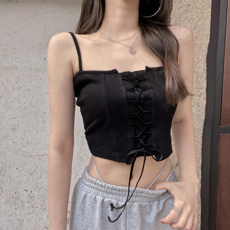 

Летняя женская верхняя одежда с бретельками, жилет с веревочным дизайном, короткая вязаная майка без рукавов One Size чёрный