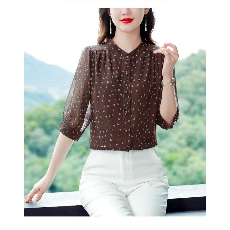 Women Brown Floral Print Blouse 3/4 Sleeve V Neck Casual Chiffon Shirt