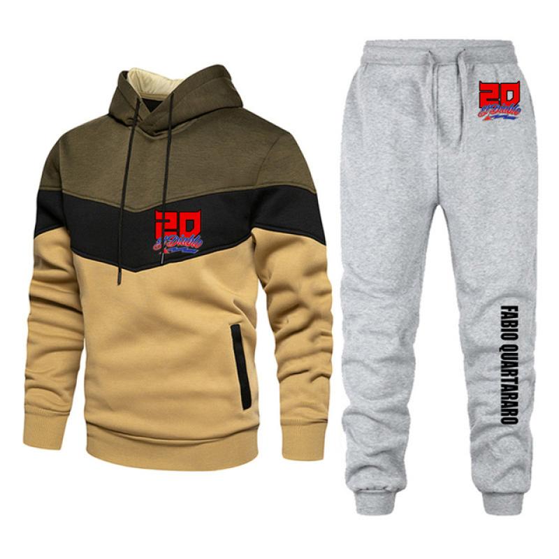 Men FABIO QUARTARARO WITH SIGNATURE Tracksuits Two Piece Set New Three Color Patchwork Hoodie Pant Fshion Casual Sportswear