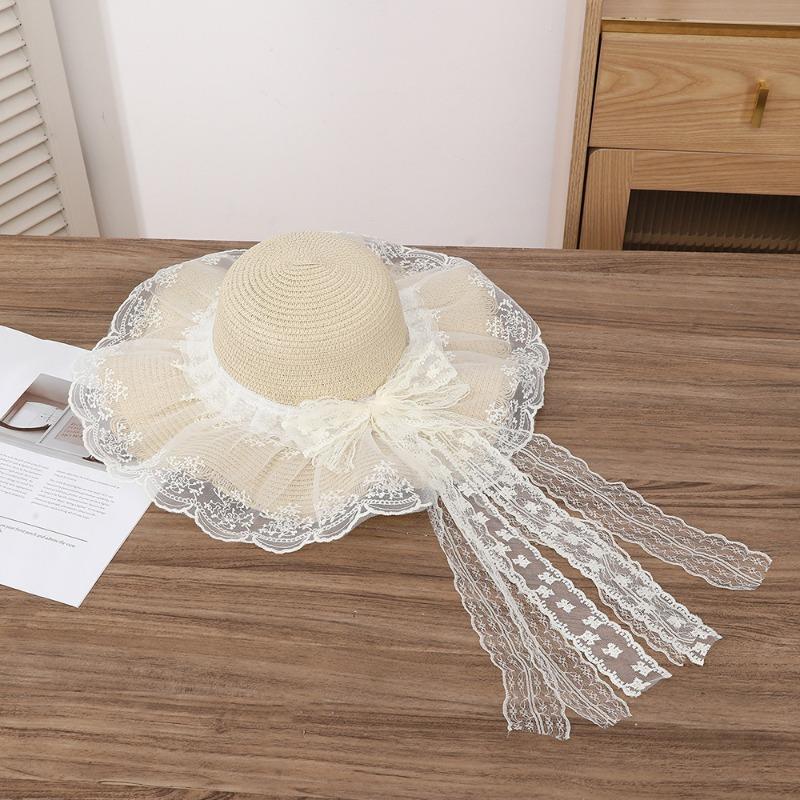 Summer Bow Sun Hat Female, Seaside Beach Vacation Sun Hat Outdoor Big Brim Sun Hat Sweet Straw Hat