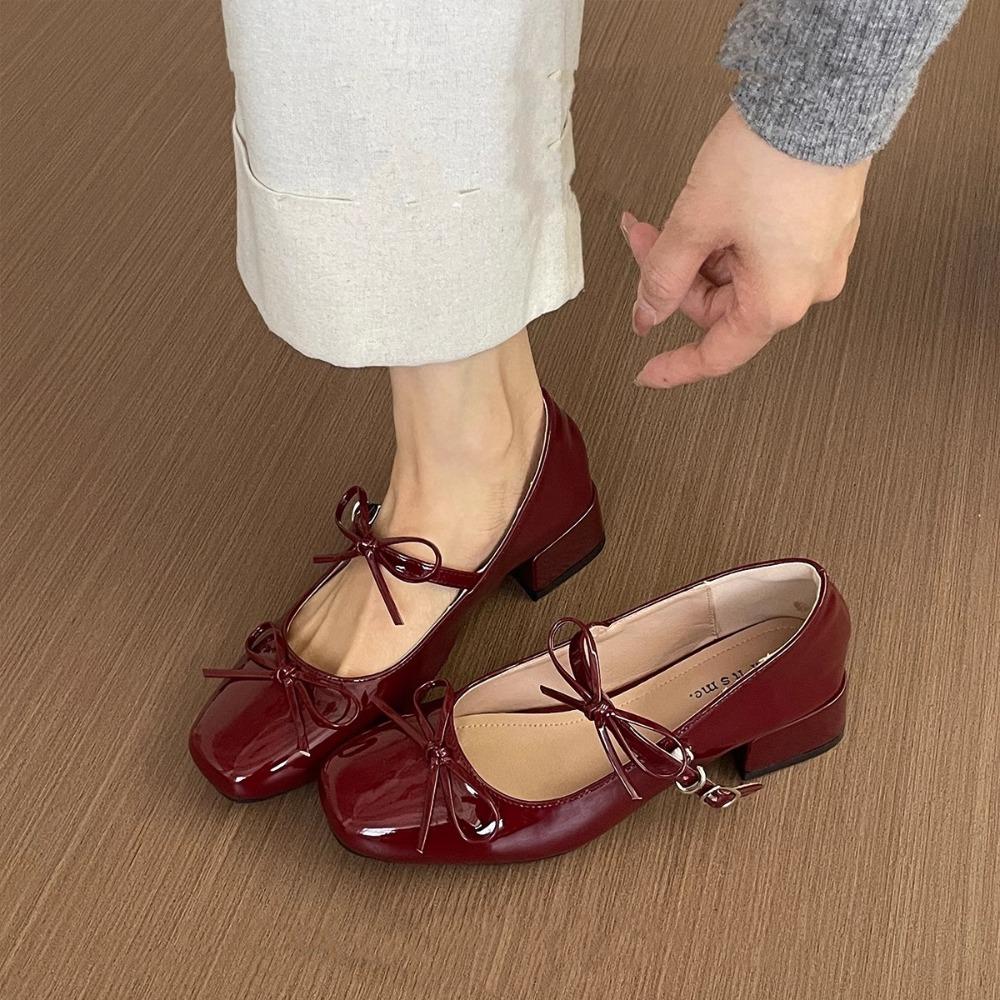 Modische flache Schuhe für Damen 2025 Frühling Sommer Neu Flacher Ausschnitt Gerader Schnallenriemen Pumps Grob Absatz Schleife Mary Jane Schuh Damen