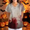 Women V Neck Loose Fit Printed Short Sleeve Top with Pockets Halloween Themed Bat and Cloud Pattern Comfortable Scrub Shirt