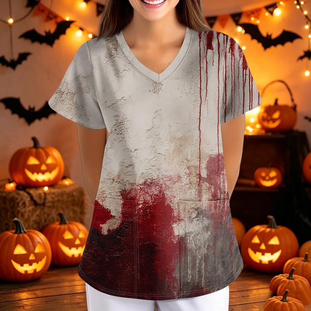 Women V Neck Loose Fit Printed Short Sleeve Top with Pockets Halloween Themed Bat and Cloud Pattern Comfortable Scrub Shirt