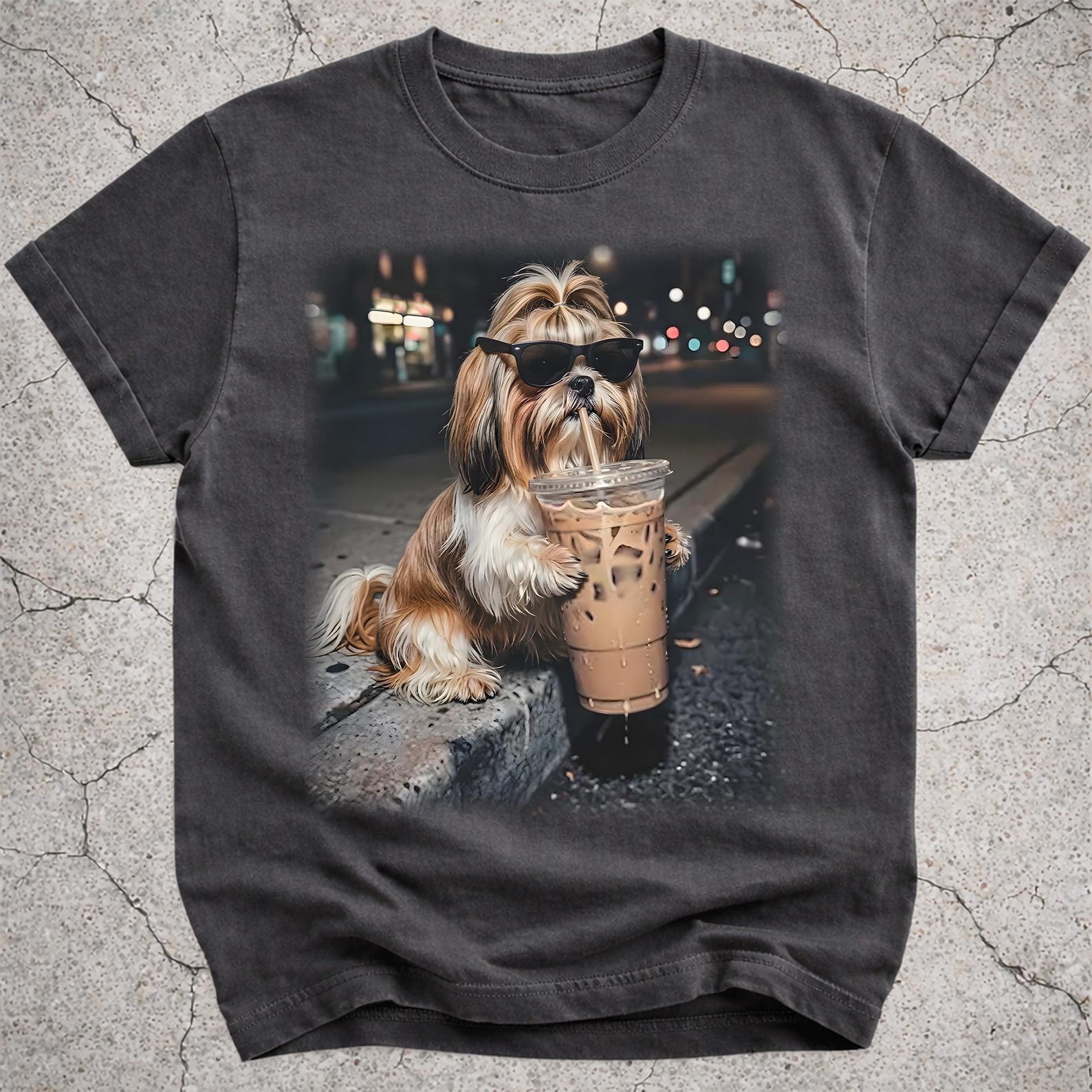 Shih Tzu Drinking Iced Coffee Shirt, Funny Shih Tzu Dog Meme T-Shirt, Coffee Lover Gift, Shih Tzu Owner Graphic Tee, Silly Dog Novelty Shirt 3XL