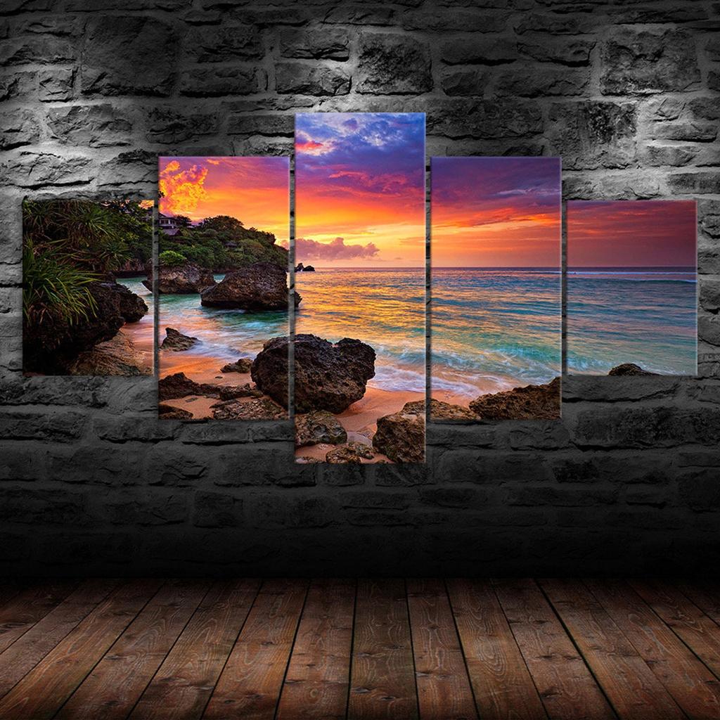 Beach Red Sky Sunset Scene 5 Piece Five Panel Canvas Print Modern Wall Art Poster Home Decor Gift For Him For Her