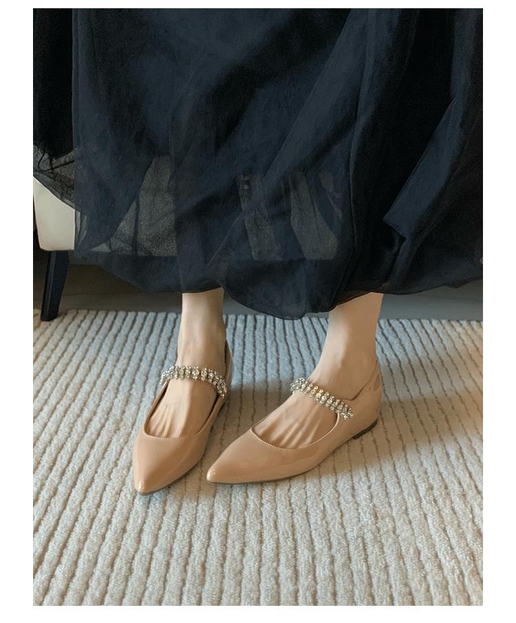 Sheepskin Version French Small Man Inner Height Increase Shoes Pointed Flat Sole Shoes Women's Rhinestone Word Belt Mary Jane Women's Shoes