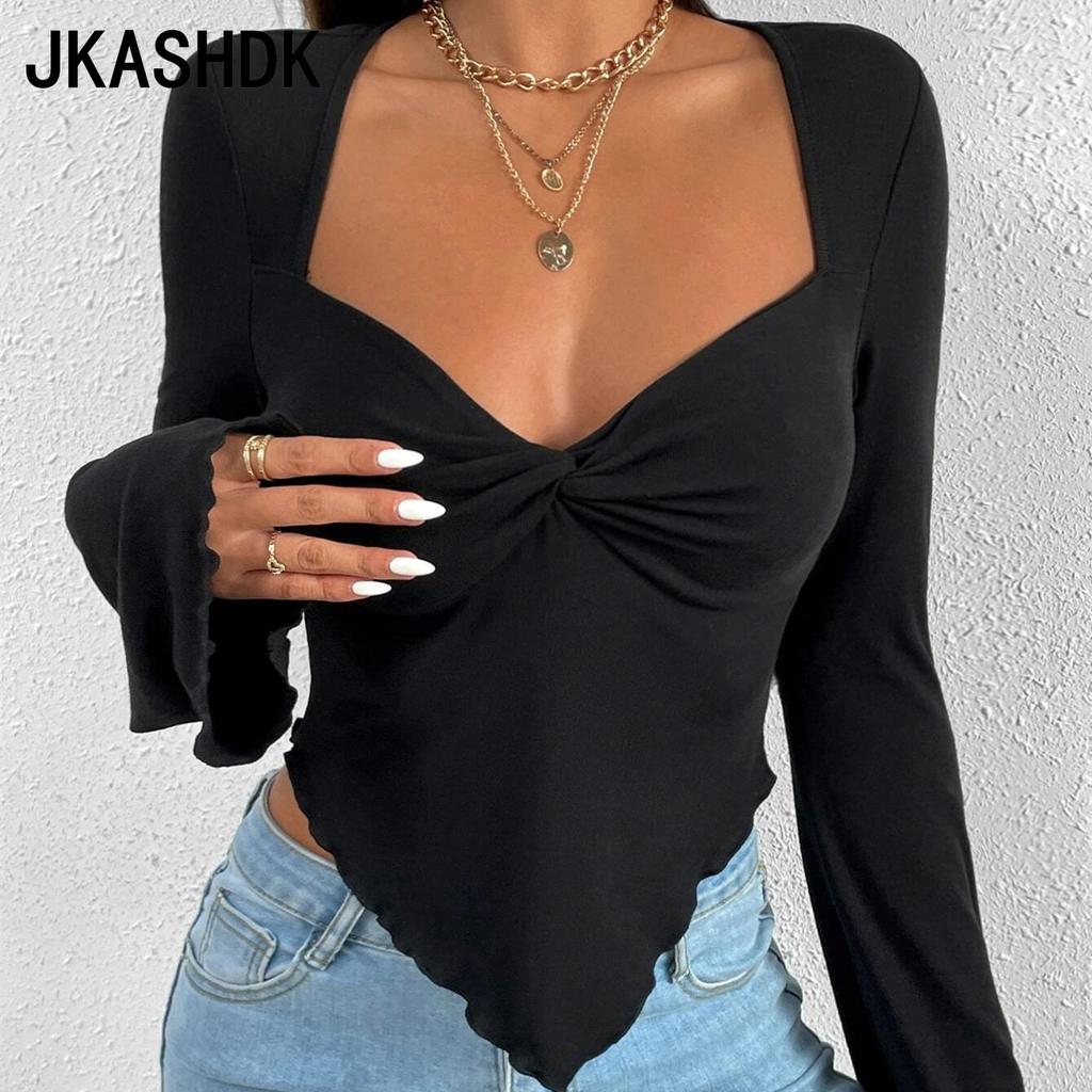 JKAASHDK Damemote Uformelt ensfarget trykk vår høst med lange armer bluser og skjorter med v-hals