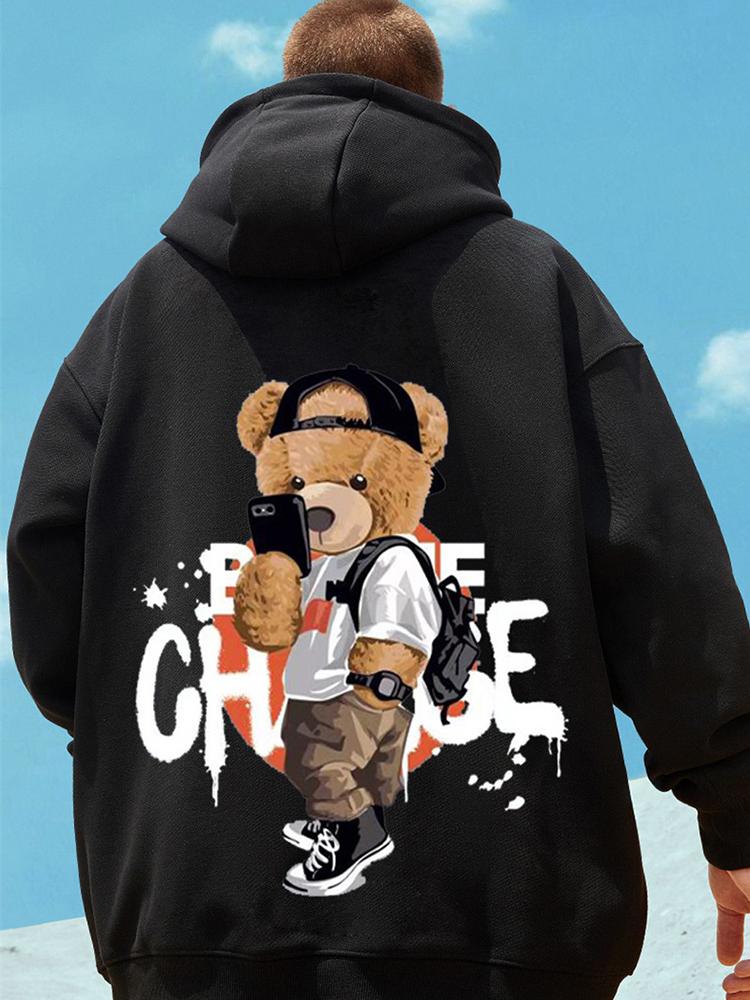 

Funny Selfie Bear Print Fleece Graphic Hoodies For Men Hip Hop Streetwear Loose Oversized Hooded Sweatshirt Casual Y2K Clothes 2XL