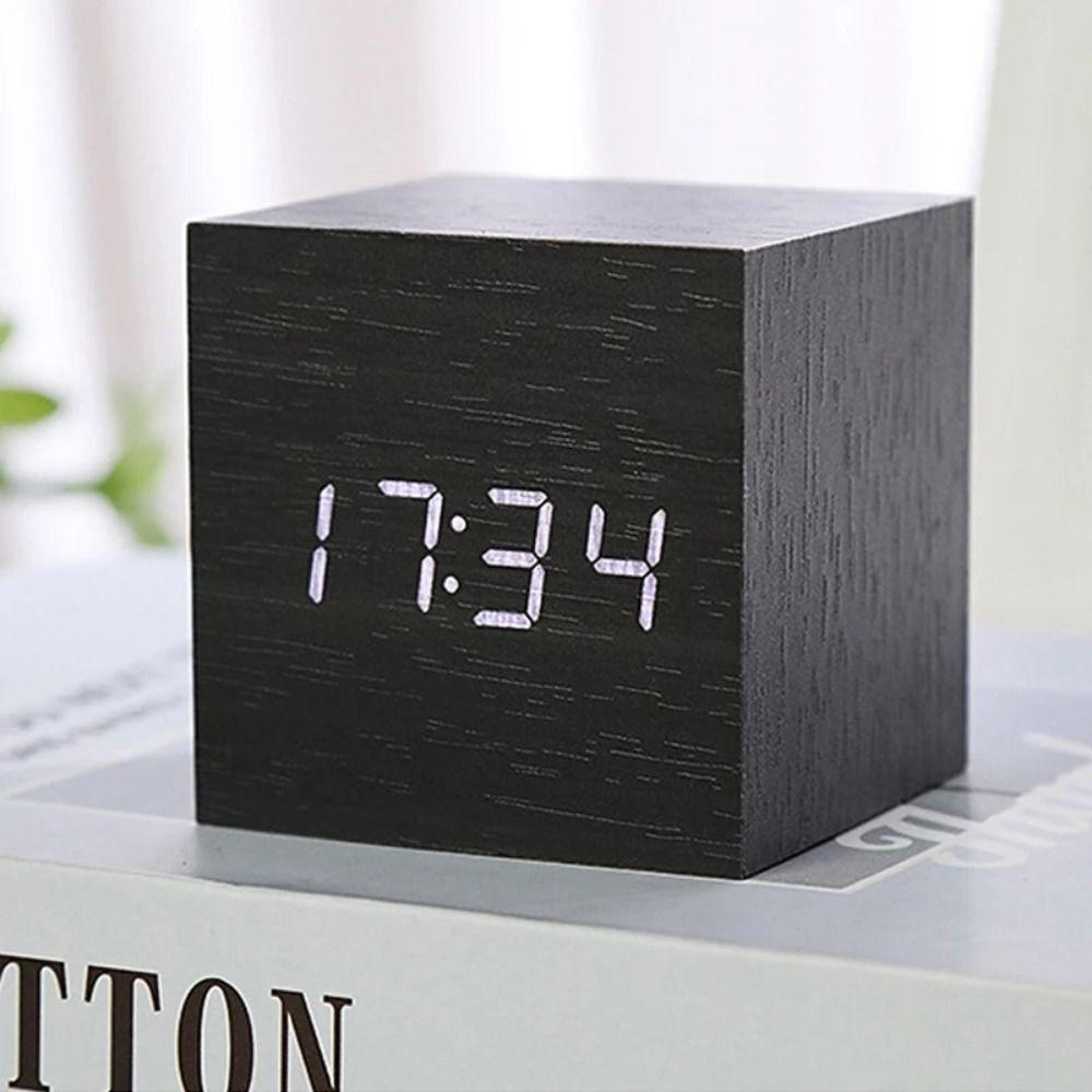 Square Digital LED Alarm Clock Wood Desk Clock Art Ornaments Glow Clock Bedside