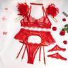 Erotic lingerie feather splicing color clashing sexy metal chain four-piece set in stock