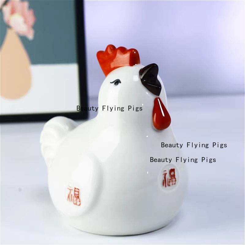 1pc Ceramic Zodiac Rooster Mascot White/Red Rooster Ornament Home Decoration Desktop Animal Ornaments Ceramic Craft Animal