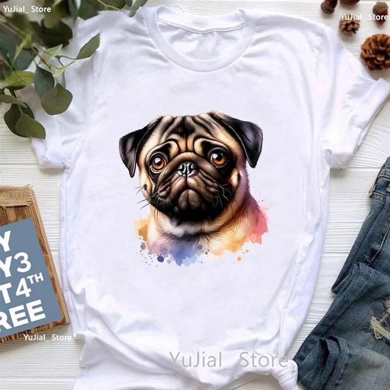Watercolor Pug Dog Animal Printed T Shirt Unisexs Clothing Funny White Tshirt Femme Summer Tops Short Sleeve Tshirt Female