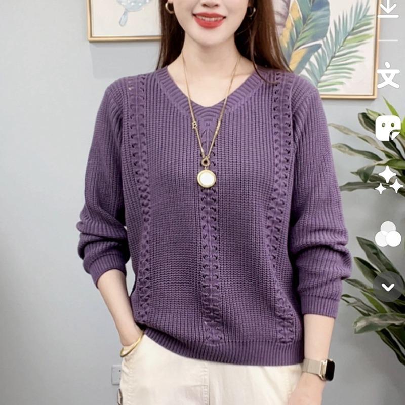 Round Neck Solid Color Knitted Sweater for Women Stylish Middle-aged Mother Slimming Top