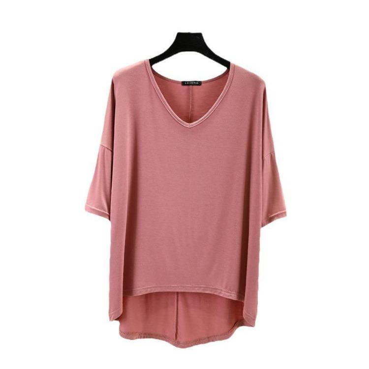 Women Casual Comfortable Summer Loose Fit Large Size Modal V Neck T Shirt Half Sleeve High Low Hem Top