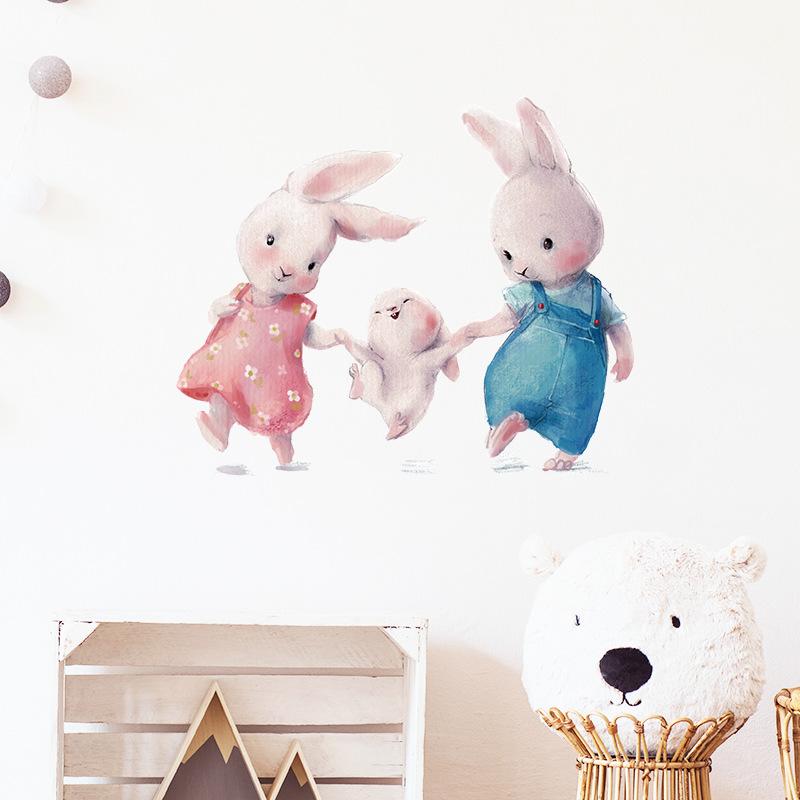 Cute Cartoon Bunny Family Wall Stickers, Ins Style Self-Adhesive Decor for Kids Room Kindergarten Decoration