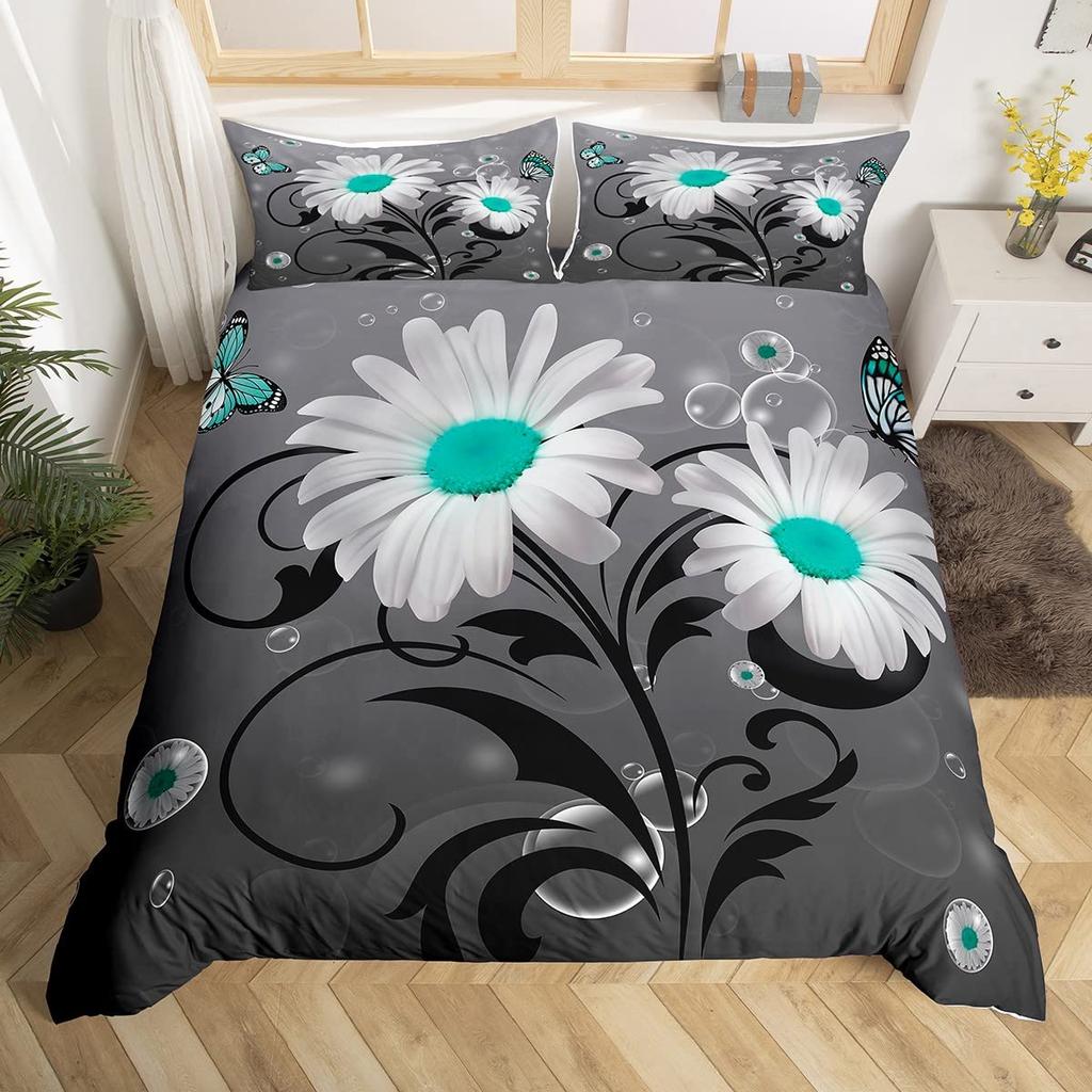 Poszewka na kołdrę z kwiatami stokrotek Rozmiar Full Queen 2/3 szt. Botaniczny kwiatowy komplet pościeli Styl pastoralny Poszewka na kołdrę dla dzieci Dziewcząt Kobiet do pokoju