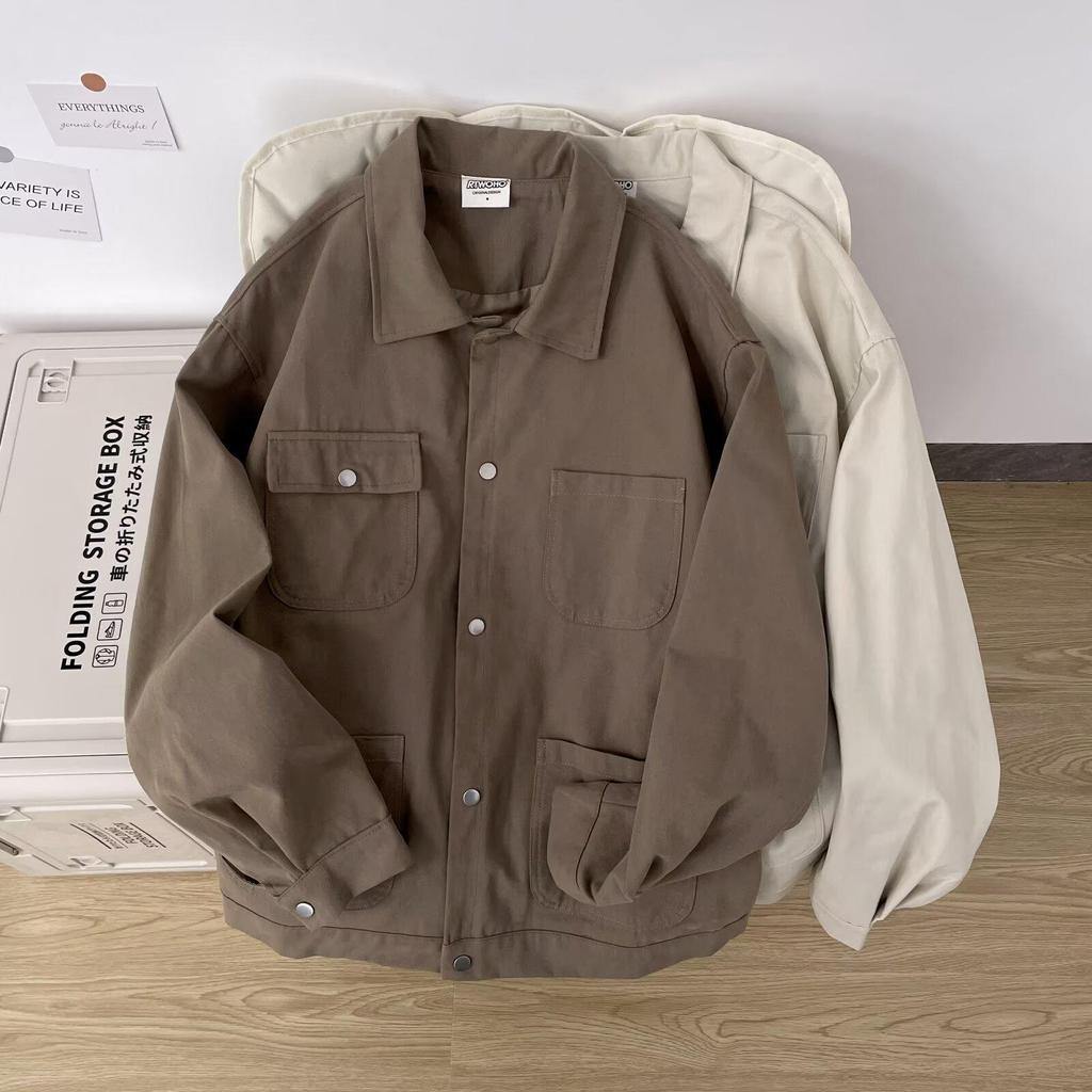 2026 Spring/Autumn Men's Retro Solid Color Loose Shirt - Japanese Streetwear Casual Jacket