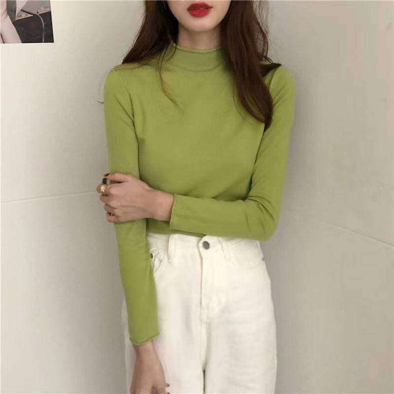 

Новая женская трикотажная базовая рубашка с полуворотником для осени и зимы, маленький топ с длинными рукавами One size