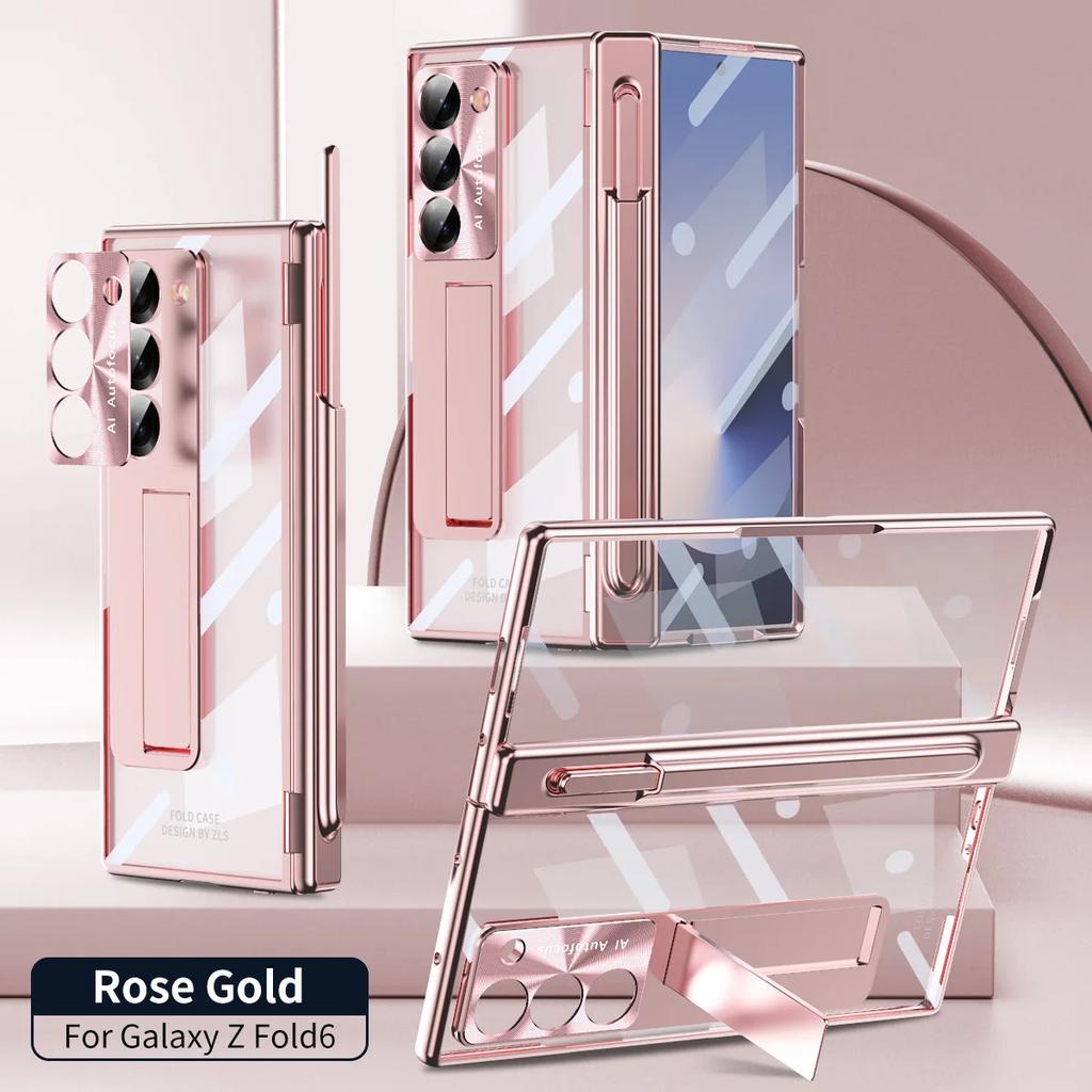 For Samsung Galaxy Z Fold6 7 Phone Case Spring Hinge Pen Slot Holder with Pen Electroplating Transparent Shell Film ZFold6 Cover