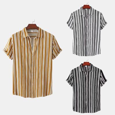 Herren Sommer Locker Gestreift Kurzarm Freizeit Hemd Teenager Geknöpftes Revers Oberteile