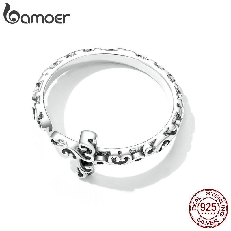 Bamoer Vintage Cross Open Ring 925 Sterling Sliver Embossed Patterns Finger Adjustable Size 5-9 Rings For Party Jewelry