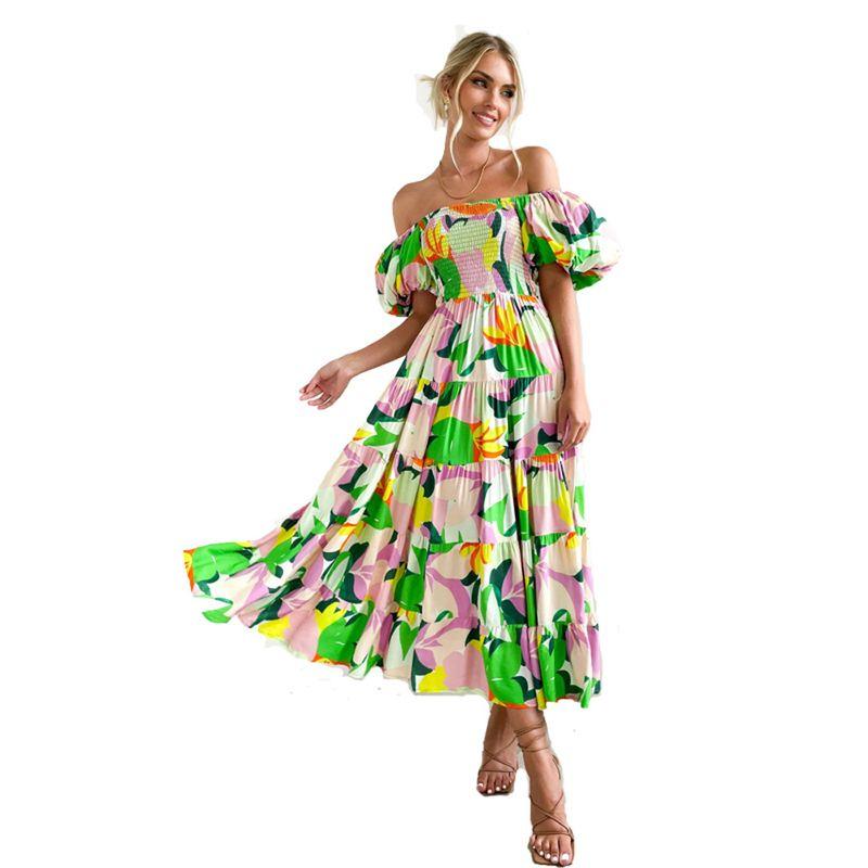 2025 Europe and America Cross Border Spring/Summer New Arrival off-Neck Print Puff Sleeves Silm Mid-Length Tulle Tutu Dress Dress