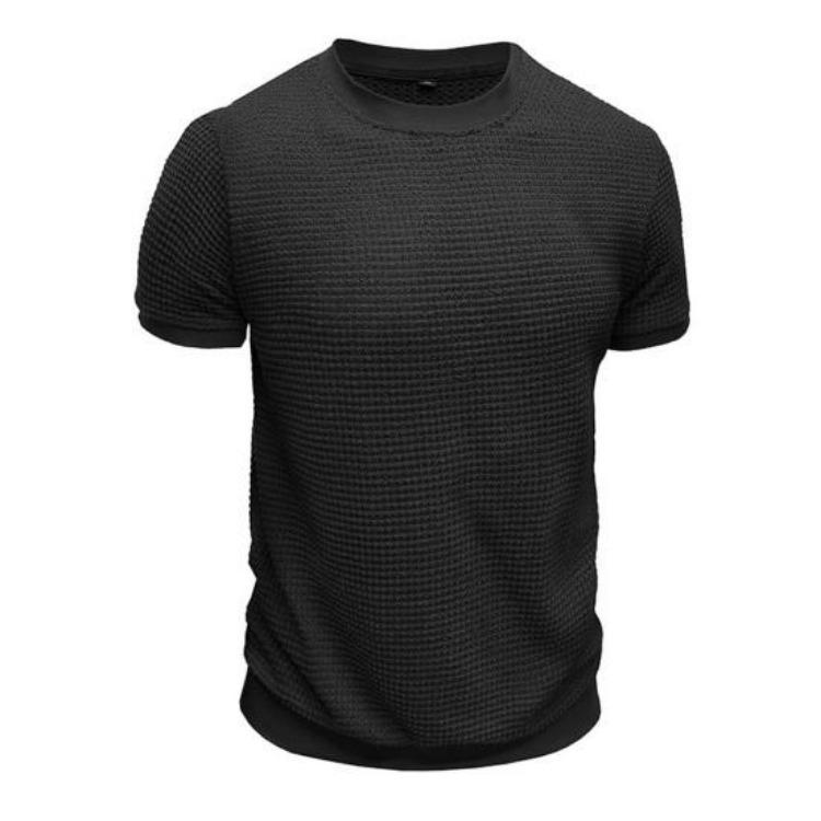 Summer Slim Fit Ribbed Elastic T-shirt Men Casual Knitted Round Neck Short Sleeves Pullover Solid Color Daily Tops Clothes