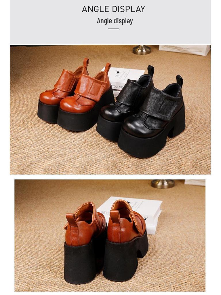 Women's Genuine Leather Platform Shoes 2025: Autumn/Winter Pure Cowhide Petite Height-Increasing Hook & Loop Single Shoes