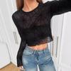 Spring Women's Elegant Black Sheer Wooden Ear Trim Spider Web T-Shirt