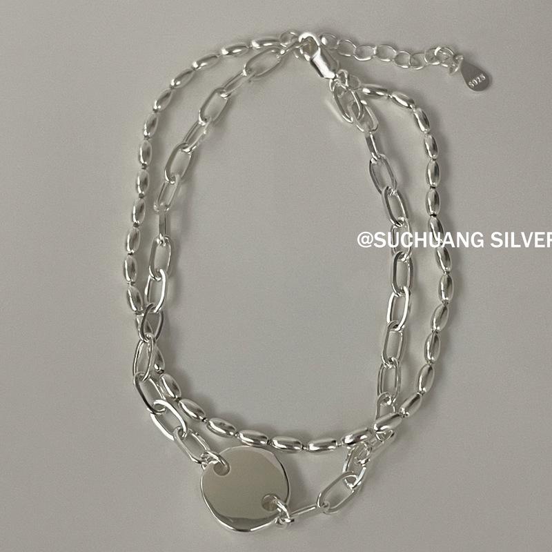 S925 Sterling Silver Double-Layer Round Pendant Rice Bead Bracelet - Women s Simple, Elegant Design 925 Silver