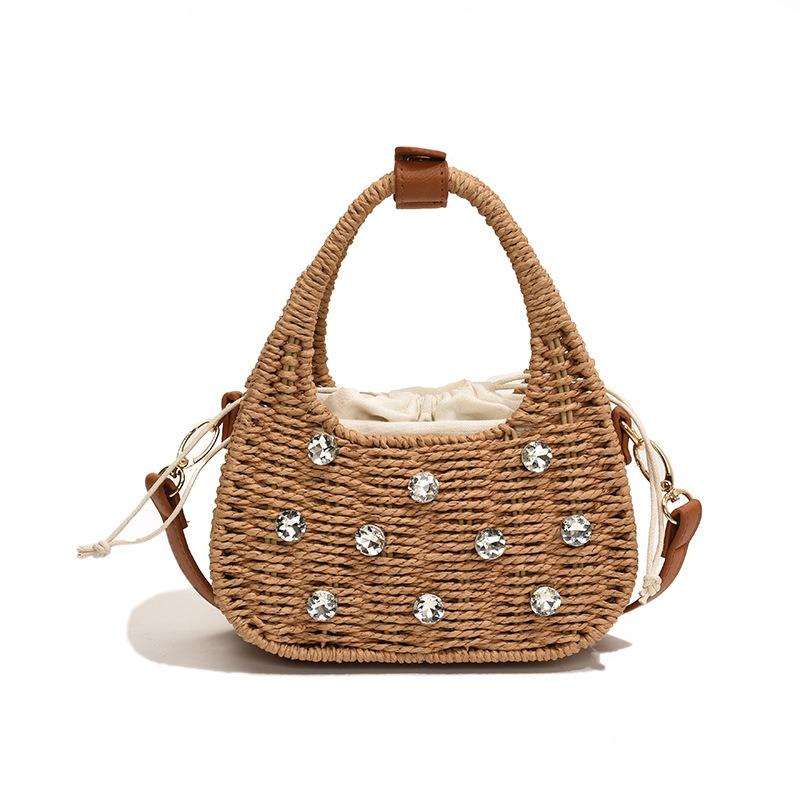 Summer Braided Tote with Diamond Set for Holiday Style Cross-body Bag