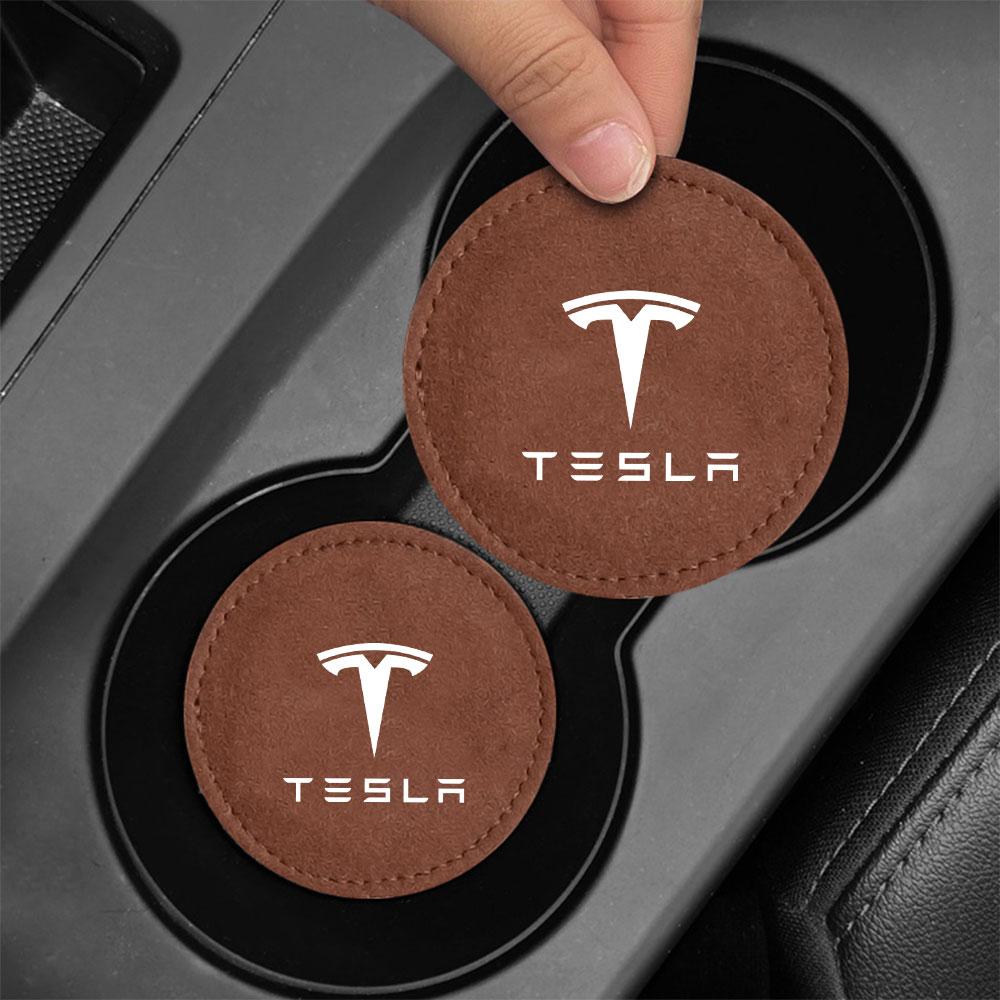 CREKH1 2PCS Leather Car Coaster Water Cup Drink Holder Mat Anti-Slip for Tesla Model 3 Model S Model X Model Y Roadster Invader Coil