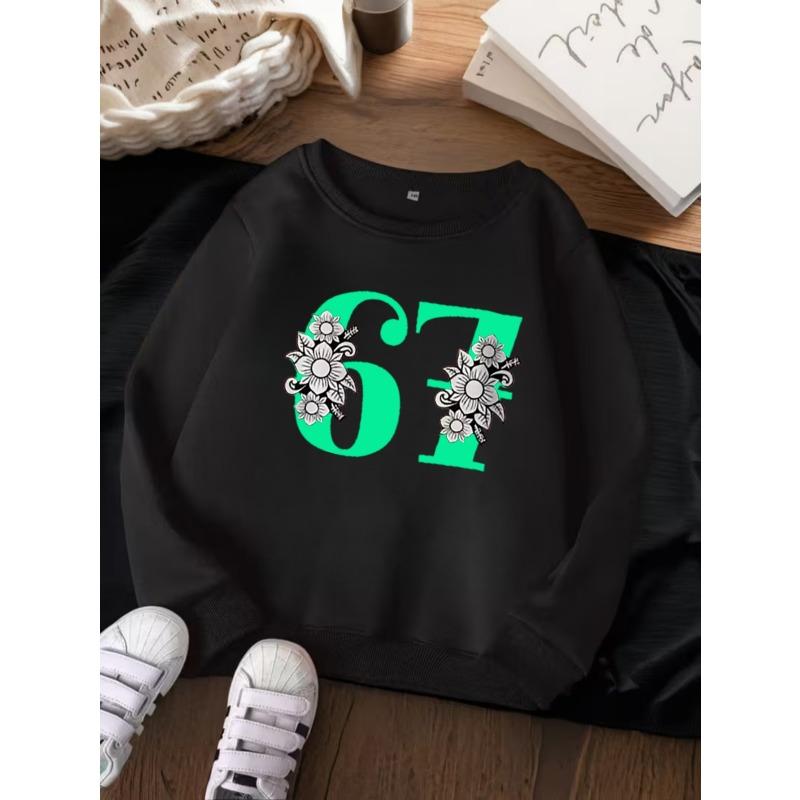Unisex Kids Crewneck Sweatshirt For Over 4 Years Old Boys Girls Green Number 67 Black White Floral Print Red Soft Long Sleeve Pullover For 4-12 Kids