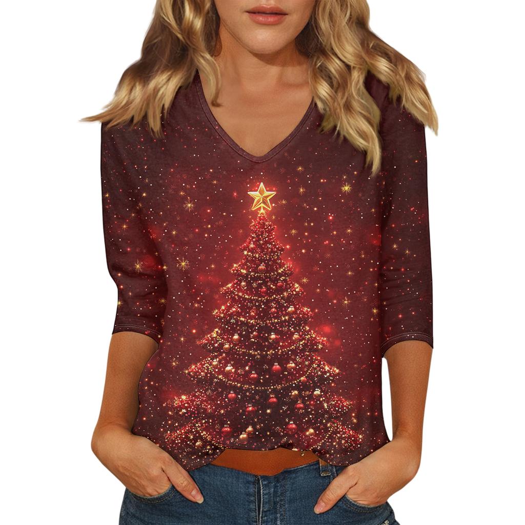 Women's Casual Fashionable Sexy Comfortable V-Neck Christmas Three-Quarter Sleeve Top