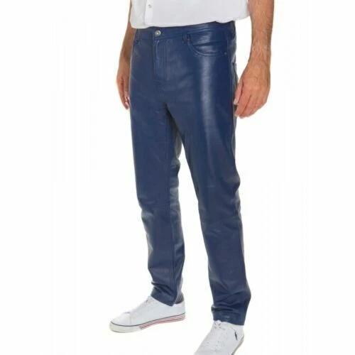 Leather Pant Real Leather Casual Jeans Biker Pant Men's Blue Genuine Lambskin Handmade