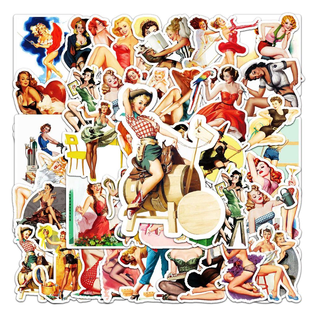 50 Retro Pin-Up Graffiti Sexy Beauty Stickers, Waterproof for Skateboards and Suitcases