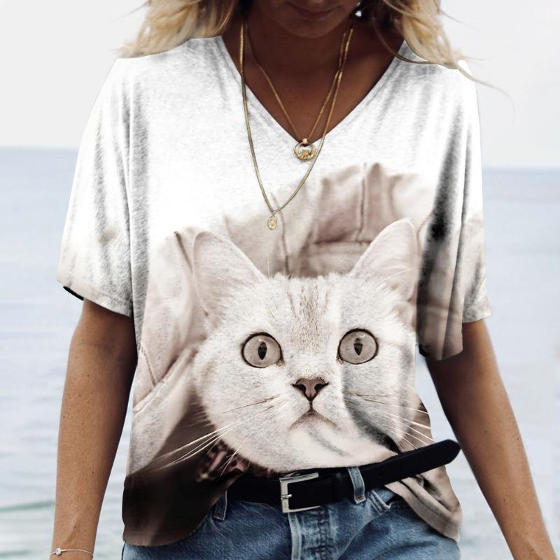 Sommer Damen V-Ausschnitt T-Shirt Niedliche Katze Orangescheiben Aufdruck Lässig Locker Kurzarm Top