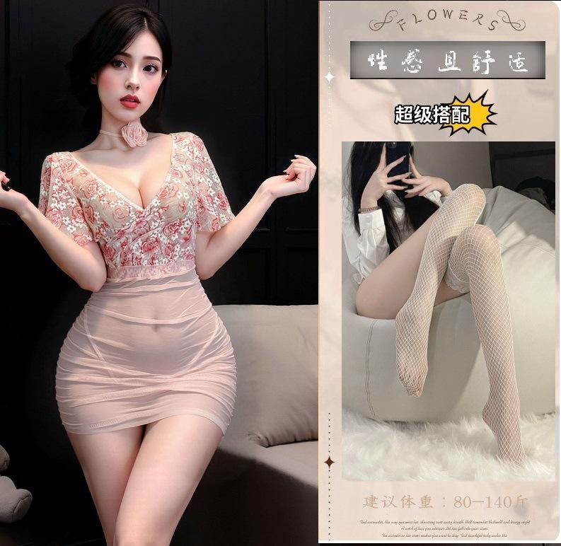 Sexy lingerie perspective deep V floral rose gauze hip skirt uniform suit flirting lingerie women